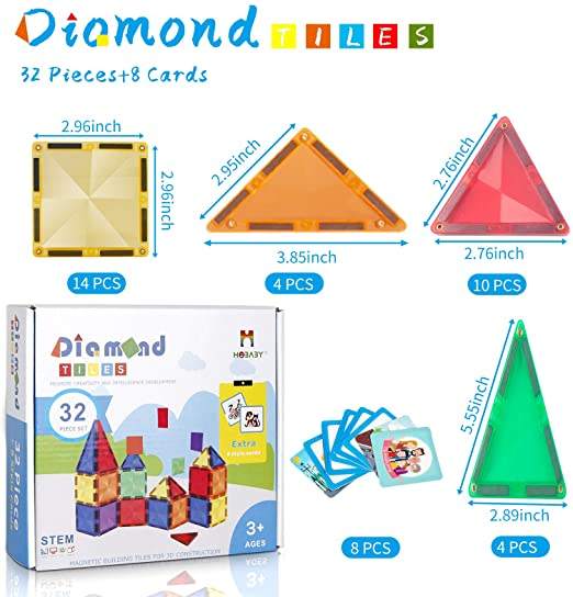 HOBABY 32pcs Diamond Magnetic Tiles+8pcs Cards