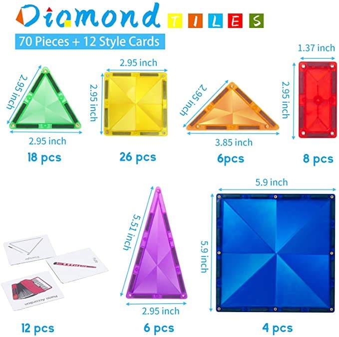 HOBABY 70pcs Diamond Magnetic Tiles+ 12pcs Cards