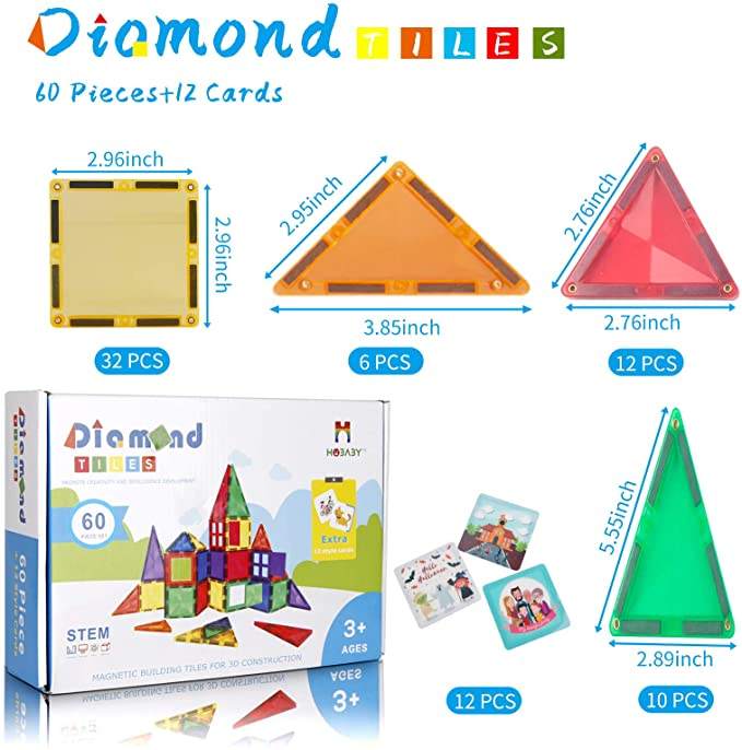 HOBABY 60pcs Diamond Magnetic Tiles+12pcs Cards